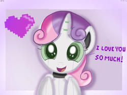 Size: 1280x960 | Tagged: safe, artist:rowdyruffpowerpuff45, sweetie belle, pony, robot, robot pony, g4, cute, dialogue, diasweetes, female, heart, looking at you, mare, smiling, solo, sweetie bot, talking to viewer