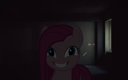 Size: 890x559 | Tagged: safe, artist:j5a4, edit, pinkie pie, earth pony, pony, g4, creepy, dark, dialogue, dialogue edit, do it, female, grin, looking at you, pinkamena diane pie, smiling, solo