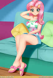 Size: 1400x2049 | Tagged: safe, artist:focusb, fluttershy, human, equestria girls series, spring breakdown, spoiler:eqg series (season 2), clothes, couch, cute, feet, female, humanized, open mouth, sandals, shyabetes, sitting, solo, toes