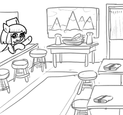 Size: 640x600 | Tagged: safe, artist:ficficponyfic, oc, oc only, oc:aji sushi, pony, colt quest, bowl, cyoa, female, friendly, hat, mare, monochrome, painting, restaurant, smiling, solo, spy, stool, story included, table, waving