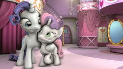 Size: 1920x1080 | Tagged: safe, artist:fd-daylight, rarity, sweetie belle, pony, g4, 3d, carousel boutique, mirror, source filmmaker