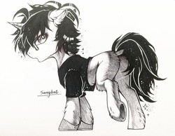 Size: 1280x991 | Tagged: safe, artist:swaybat, oc, oc only, pony, unicorn, clothes, glasses, hoof shoes, looking at you, male, messy mane, monochrome, solo, stallion, traditional art