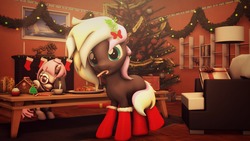Size: 1920x1080 | Tagged: safe, artist:chocokumiko, oc, oc only, oc:ice trio, oc:yui, pony, 3d, book, christmas, christmas lights, christmas ornament, christmas stocking, christmas tree, cookie, cupcake, decoration, fireplace, food, gingerbread house, holiday, lamp, mistletoe, present, shelf, source filmmaker, table, tree
