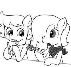 Size: 640x600 | Tagged: safe, artist:ficficponyfic, oc, oc:emerald jewel, oc:ruby rouge, pony, colt quest, bandana, child, chopsticks, clothes, colt, concerned, cyoa, female, femboy, filly, foal, hair over one eye, male, monochrome, reverse trap, story included, tomboy, trap