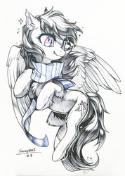 Size: 909x1280 | Tagged: safe, artist:swaybat, oc, oc only, bat pony, hybrid, pegasus, pony, clothes, fangs, female, mare, scarf, solo, traditional art