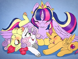 Size: 2048x1536 | Tagged: safe, artist:incendiarymoth, apple bloom, scootaloo, sweetie belle, twilight sparkle, alicorn, earth pony, pegasus, pony, unicorn, g4, blushing, cutie mark crusaders, female, filly, hug, mare, smiling, twilight sparkle (alicorn), winghug