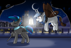 Size: 1784x1212 | Tagged: safe, artist:pencil bolt, oc, oc:billy blue, oc:soffies, earth pony, monster pony, mothpony, original species, pony, city, female, flying, lantern, light, male, moon, night, working