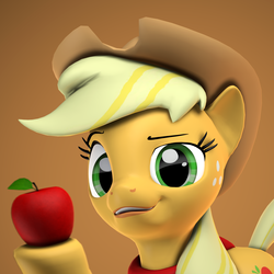 Size: 2160x2160 | Tagged: safe, artist:xppp1n, applejack, pony, g4, 3d, apple, applejack's hat, brown background, cowboy hat, female, food, hat, high res, looking at you, mare, simple background, solo, source filmmaker