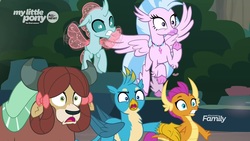 Size: 1920x1080 | Tagged: safe, screencap, gallus, ocellus, silverstream, smolder, yona, changedling, changeling, classical hippogriff, dragon, griffon, hippogriff, yak, g4, uprooted, reaction image
