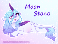Size: 508x387 | Tagged: safe, artist:eve-of-halloween, oc, oc only, oc:moonstone, kirin, pony, cloven hooves, curved horn, cute, female, horn, kirin oc, long mane, mare, mother, nervous, pink eyes, pregnant, round belly, simple background