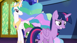 Size: 1280x720 | Tagged: safe, edit, edited screencap, screencap, applejack, pinkie pie, princess celestia, rarity, spike, twilight sparkle, alicorn, dragon, earth pony, pony, unicorn, celestial advice, g4, the beginning of the end, :t, animated, blinking, cup, cutie map, female, floppy ears, friendship throne, grin, leaning, levitation, lidded eyes, looking back, looking down, magic, male, mare, open mouth, paper, pinkie being pinkie, quill, raised hoof, scroll, smiling, sound, squee, talking, throne, twilight sparkle (alicorn), twilight's castle, twilighting, water, webm, wide eyes, winged spike, wings, worried