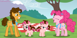 Size: 2000x1000 | Tagged: safe, artist:charmmycolour, cheese sandwich, pinkie pie, oc, oc:bie nepolitan, oc:fiore neapolitan, earth pony, pony, g4, apron, clothes, female, filly, male, offspring, parent:cheese sandwich, parent:pinkie pie, parents:cheesepie, ship:cheesepie, shipping, siblings, straight, twins