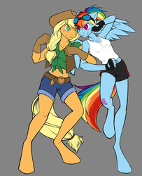 Size: 729x900 | Tagged: safe, artist:evion, applejack, rainbow dash, pegasus, anthro, unguligrade anthro, g4, alternate hairstyle, armpits, bandaid, clothes, cowboy vest, duo, female, fingerless gloves, fist, front knot midriff, gloves, goggles, gray background, looking at each other, midriff, narrowed eyes, no pupils, ponytail, rivalry, shirt, shorts, simple background, sleeveless, smiling, spread wings, vest, wings, wip