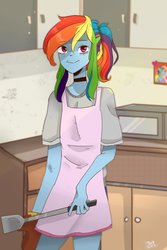 Size: 1000x1500 | Tagged: safe, artist:phattaraphorn_1, artist:tar, rainbow dash, equestria girls, g4, apron, choker, clothes, cook, cute, dashabetes, female, kitchen, looking at you, microwave, ponytail, shirt, shorts, smiling, solo, spatula