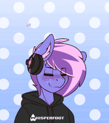 Size: 1280x1433 | Tagged: safe, artist:whisperfoot, oc, oc only, oc:berry frost, anthro, animated, blushing, clothes, ear fluff, eyes closed, freckles, gif, headbang, headphones, hoodie, male, simple background, smiling, solo, vibing
