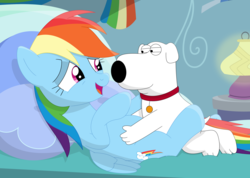Size: 3541x2515 | Tagged: safe, artist:porygon2z, rainbow dash, dog, pegasus, pony, g4, bed, brian griffin, crack shipping, crossover, crossover shipping, cursed image, family guy, female, high res, male, mare, on back, palindrome get, shipping, wat, why
