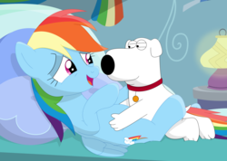 Size: 3541x2515 | Tagged: safe, artist:porygon2z, rainbow dash, dog, pegasus, pony, g4, bed, brian griffin, crack shipping, crossover, crossover shipping, cursed image, family guy, female, high res, male, mare, on back, palindrome get, shipping, straight, wat, why