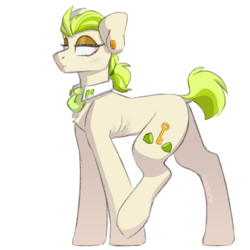 Size: 2627x2627 | Tagged: safe, artist:spoopygander, oc, oc only, oc:golden keylime, earth pony, pony, bedroom eyes, chest fluff, collar, ear piercing, earring, eyeshadow, female, high res, jewelry, makeup, mare, multicolored hair, necktie, piercing, raised leg, raised tail, skinny, solo, tail, thin