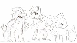 Size: 2048x1144 | Tagged: safe, artist:91o42, apple bloom, applejack, big macintosh, earth pony, pony, g4, apple siblings, chest fluff, female, filly, floppy ears, lineart, male, mare, monochrome, simple background, smiling, stallion, white background