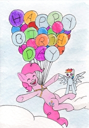 Size: 1316x1904 | Tagged: safe, artist:tunrae, pinkie pie, rainbow dash, pony, g4, balloon, birthday, card, floating, harness, ink drawing, surprised, tack, then watch her balloons lift her up to the sky, traditional art