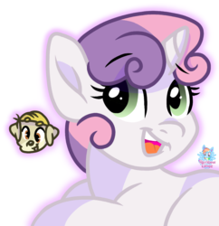 Size: 846x874 | Tagged: safe, artist:rainbow eevee, sweetie belle, oc, oc:landen irelan, pony, unicorn, g4, cute, female, looking down, looking up, open mouth, simple background, smiling, solo, white background