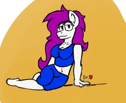 Size: 2117x1734 | Tagged: safe, artist:drheartdoodles, oc, oc:mamma, anthro, breasts, clothes, digital, female, long mane, midriff, milf, pose, shorts, smiling, solo, tank top