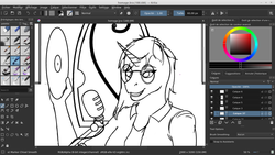 Size: 1366x768 | Tagged: safe, artist:0-van-0, dj pon-3, vinyl scratch, unicorn, anthro, g4, black and white, clothes, female, glasses, grayscale, jacket, krita, microphone, monochrome, sketch, software, solo, vinyl disc, window, wip