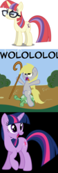 Size: 1272x3776 | Tagged: safe, artist:dashiesparkle, artist:fluttershyisnot adoormat, artist:spaerk, derpy hooves, moondancer, tank, twilight sparkle, pegasus, pony, unicorn, g4, age of empires, female, glasses, male, meme, wololo