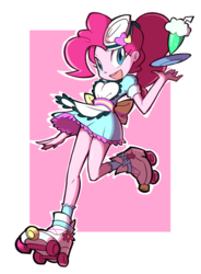 Size: 1400x1900 | Tagged: safe, artist:rvceric, pinkie pie, coinky-dink world, equestria girls, g4, my little pony equestria girls: summertime shorts, clothes, cute, diapinkes, dress, female, looking at you, milkshake, open mouth, ponytail, roller skates, server pinkie pie, skirt, socks, solo, waitress