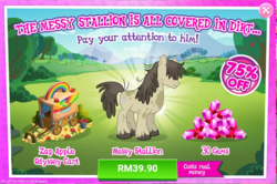 Size: 1044x694 | Tagged: safe, gameloft, pigpen, earth pony, pony, g4, advertisement, apple, apple cart, costs real money, food, gem, introduction card, male, sale, solo, stallion, zap apple