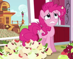 Size: 470x382 | Tagged: safe, screencap, pinkie pie, earth pony, pony, g4, season 5, the mane attraction, animated, apple, cropped, faint, female, food, mare, messy mane, peeled apple, solo