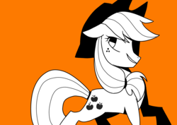Size: 1754x1240 | Tagged: safe, artist:pinweena30, applejack, earth pony, pony, g4, cowboy, cowboy hat, female, hat, looking at you, mare, orange background, shadow, simple background, smiling, smirk, solo, standing
