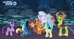 Size: 1983x1041 | Tagged: safe, screencap, gallus, ocellus, sandbar, silverstream, smolder, thorax, twilight sparkle, yona, alicorn, changedling, changeling, classical hippogriff, dragon, earth pony, griffon, hippogriff, pony, yak, g4, uprooted, bow, cave, cave of harmony, cloven hooves, colored hooves, cropped, dragoness, female, flying, hair bow, jewelry, king thorax, male, monkey swings, necklace, permission slip, student six, teenager, twilight sparkle (alicorn)