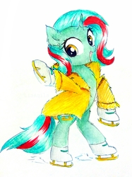 Size: 1683x2246 | Tagged: safe, artist:liaaqila, oc, oc only, oc:figure eight, pony, unicorn, bipedal, clothes, commission, ice skates, open mouth, simple background, solo, traditional art, white background