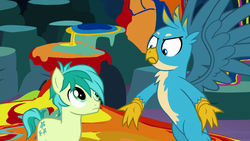 Size: 1920x1080 | Tagged: safe, screencap, gallus, sandbar, earth pony, griffon, pony, g4, uprooted, duo, paint, spread wings, wings