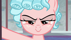 Size: 1280x720 | Tagged: safe, edit, edited screencap, screencap, cozy glow, pegasus, pony, g4, school raze, adorabolical, cozy glow is best facemaker, cozybetes, cute, door, evil grin, female, filly, foal, grin, inverted mouth, lidded eyes, looking at you, pure concentrated unfiltered evil of the utmost potency, reaction image, smiling, solo