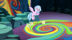 Size: 2100x1179 | Tagged: safe, screencap, silverstream, classical hippogriff, hippogriff, g4, uprooted, bucket, cave, cave of harmony, female, flying, paint, paint bucket, solo