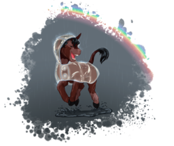 Size: 2550x2146 | Tagged: safe, artist:blackblood-queen, oc, oc only, oc:moonlily, dracony, hybrid, pony, unicorn, cloven hooves, eyes closed, female, high res, leonine tail, rain, raincoat, smiling, solo