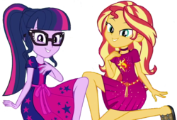 Size: 2048x1384 | Tagged: dead source, safe, artist:php77, edit, edited screencap, editor:php77, screencap, sci-twi, sunset shimmer, twilight sparkle, equestria girls, equestria girls series, g4, i'm on a yacht, spoiler:eqg series (season 2), background removed, choker, clothes, dress, duo, duo female, female, geode of empathy, geode of fauna, geode of shielding, geode of sugar bombs, geode of super speed, geode of super strength, geode of telekinesis, glasses, hand on chest, lidded eyes, looking at you, magical geodes, not a vector, ponytail, simple background, smiling, transparent background