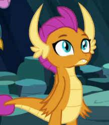 Size: 326x376 | Tagged: safe, screencap, gallus, silverstream, smolder, classical hippogriff, dragon, hippogriff, g4, uprooted, animated, cave of harmony, claws, cropped, dragoness, eyes closed, facepalm, fangs, female, frustrated, gif, horns, offscreen character, reaction image, smolder is not amused, solo focus, teenaged dragon, teenager, unamused