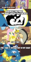 Size: 500x982 | Tagged: safe, edit, edited screencap, screencap, discord, fluttershy, grogar, g4, keep calm and flutter on, the beginning of the end, caption, comic, crystal ball, grogar is discord's father, grogar's orb, image macro, screencap comic, text, theory