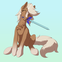 Size: 2133x2145 | Tagged: safe, artist:settop, earth pony, pony, chest fluff, coat markings, commissioner:darnelg, epona, epony, eyes closed, female, gradient background, high res, mare, master sword, mouth hold, ponified, socks (coat markings), solo, sword, the legend of zelda, weapon