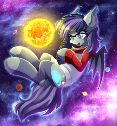Size: 4773x5142 | Tagged: safe, artist:airiniblock, oc, oc only, bat pony, pony, rcf community, absurd resolution, bat pony oc, commission, female, giant pony, glasses, macro, mare, open mouth, pony bigger than a planet, solo, space, sun