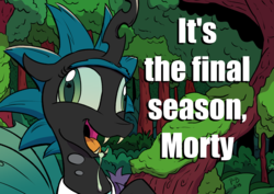 Size: 1754x1241 | Tagged: safe, artist:pony-berserker, queen chrysalis, changeling, changeling queen, g4, caption, crazylis, crossover, dialogue, drool, english, fangs, female, forest, open mouth, outdoors, queen, rick and morty, rick sanchez, smiling, solo, tree, unibrow