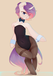 Size: 2096x3000 | Tagged: safe, artist:qweeli, oc, oc only, unicorn, semi-anthro, arm hooves, bowtie, bunny suit, clothes, cuffs (clothes), disproportional anatomy, high res, leotard, pantyhose, solo, wide hips