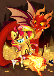 Size: 3508x4961 | Tagged: safe, artist:saralien, sunset shimmer, dragon, pony, g4, collar, crown, element of magic, fin, fire, gold, implied interspecies, implied princess celestia, implied princess luna, implied princess twilight, jewelry, leash, regalia, slit pupils, treasure