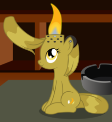 Size: 2100x2288 | Tagged: safe, artist:badumsquish, oc, oc only, oc:flink, lighter pony, object pony, original species, pony, ashtray, desk, ear piercing, female, fire, high res, lighter, lit, looking up, piercing, ponified, sitting, smiling, solo, zippo