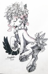 Size: 834x1280 | Tagged: safe, artist:swaybat, oc, oc only, original species, plant pony, pony, female, food, fruit, looking at you, mare, raised hoof, solo, strawberry, traditional art, underhoof