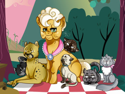 Size: 1600x1200 | Tagged: safe, artist:ali-selle, goldie delicious, cat, earth pony, pony, g4, commission, crazy cat lady, picnic blanket, tree