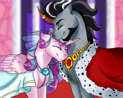 Size: 1280x1024 | Tagged: safe, artist:ali-selle, princess flurry heart, oc, oc:stainless, pony, g4, canon x oc, cape, clothes, commission, dress, facial hair, wedding dress